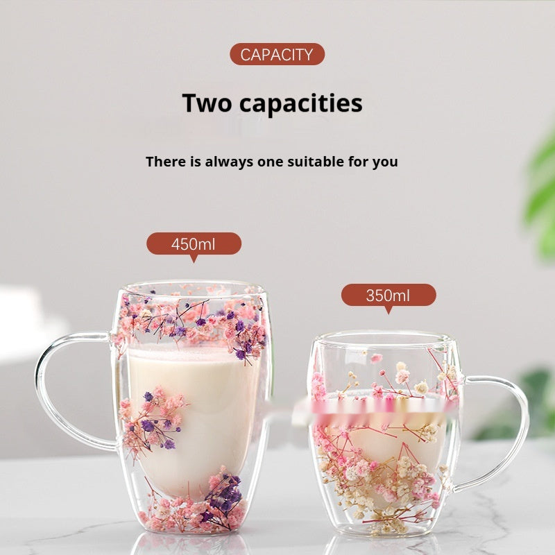 Real Flower Double Layer Glass Cup Good-looking Starry Sky