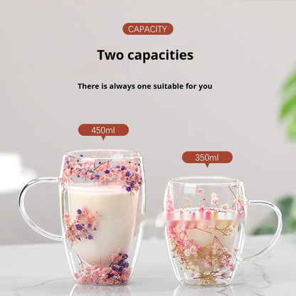 Real Flower Double Layer Glass Cup Good-looking Starry Sky