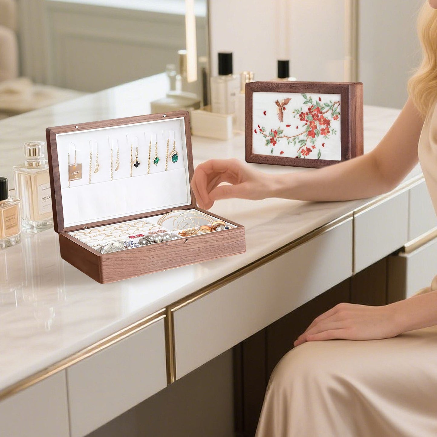 US Local Solid Wood Jewelry Storage Box Ladies Retro Wooden Necklace Jewelry Bracelet Watch Display Box Handmade Wedding Birthday Anniversary Jewelry Box