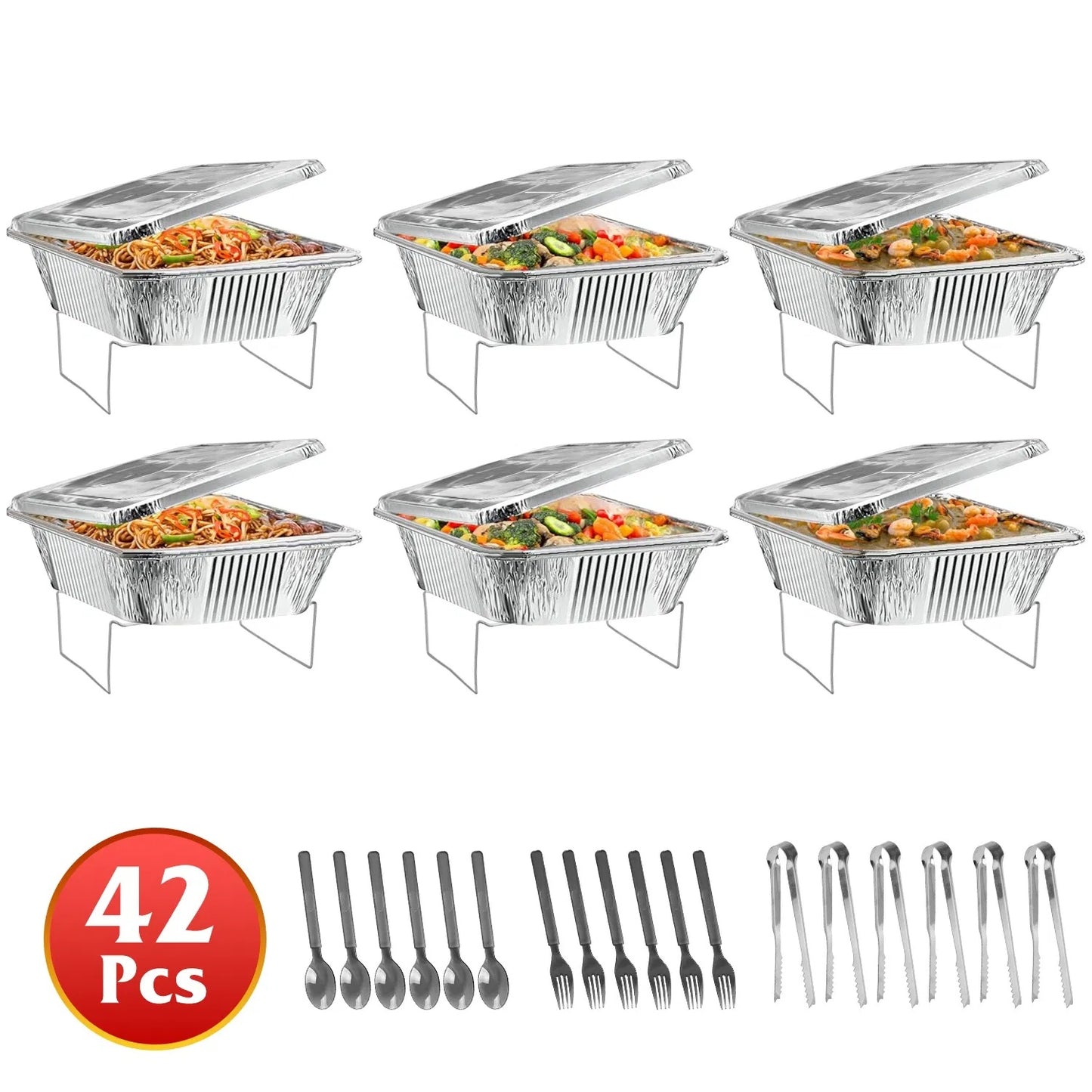 US Local Set Of 42Pcs Disposable Chafing Dish Buffet Set Chafing Servers With Covers Spoons Forks Tongs Full-Size Pans Food Warmers For Parties Events Catering Supplies With Utensils And Lids GPCT5373