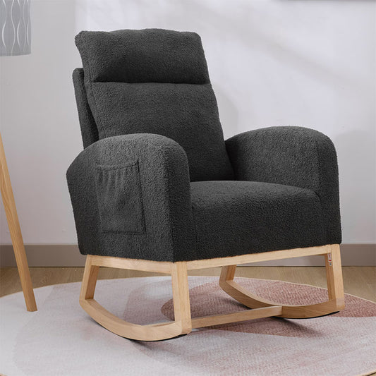 US Local Modern Accent Rocking Chair Rocking Chair With Solid Wood Legs, Upholstered Nursery Glider Rocker, Comfy Armchair With Side Pocket, Living Room Lounge Arm Chair With High Backrest