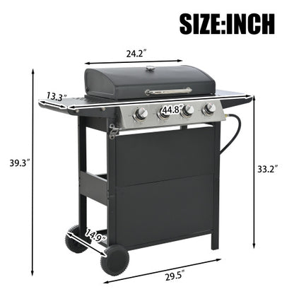 US Local Propane Gas Grill 4 Burner Barbecue Grill, Stainless Steel 34,000 BTU Patio Garden Barbecue Grill With Two Shelves, Lid, Wheels And Bottle Opener