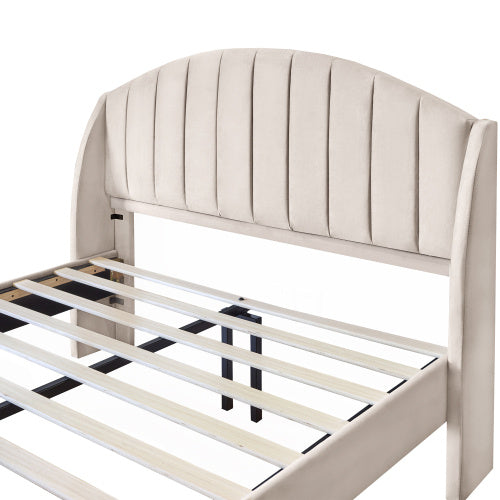 UK Local Upholstered Bed,Double Bed-4ft6 135x190cm,with Slatted Frame And Headboard, Youth Bed, Wooden Slatted Support, Easy Assembly, Velvet, Beige