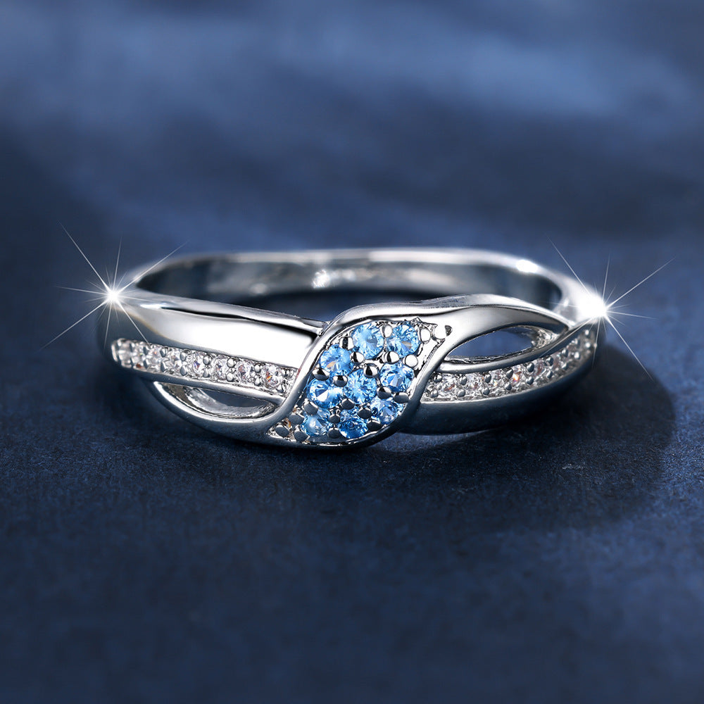 Sea Blue Diamond Edge Inlaid White Diamond Leaves Ring