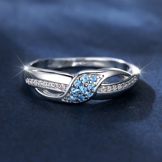 Sea Blue Diamond Edge Inlaid White Diamond Leaves Ring