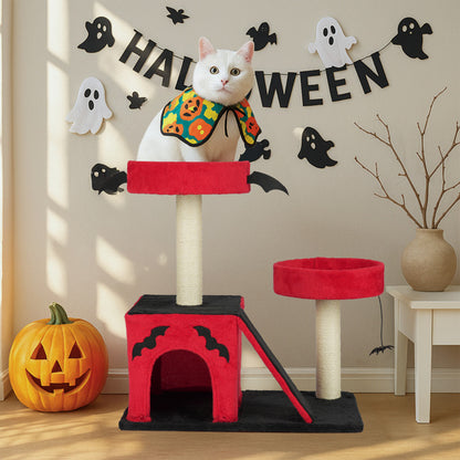 US Local Halloween Cat Climbing Frame Gothic Cat Tree, Cat Tower With Spacious Cat Condo, 2 Padded Perches, Spider Toy, Scratching Posts, Scratching Ladder For Large Cats, Red & Black