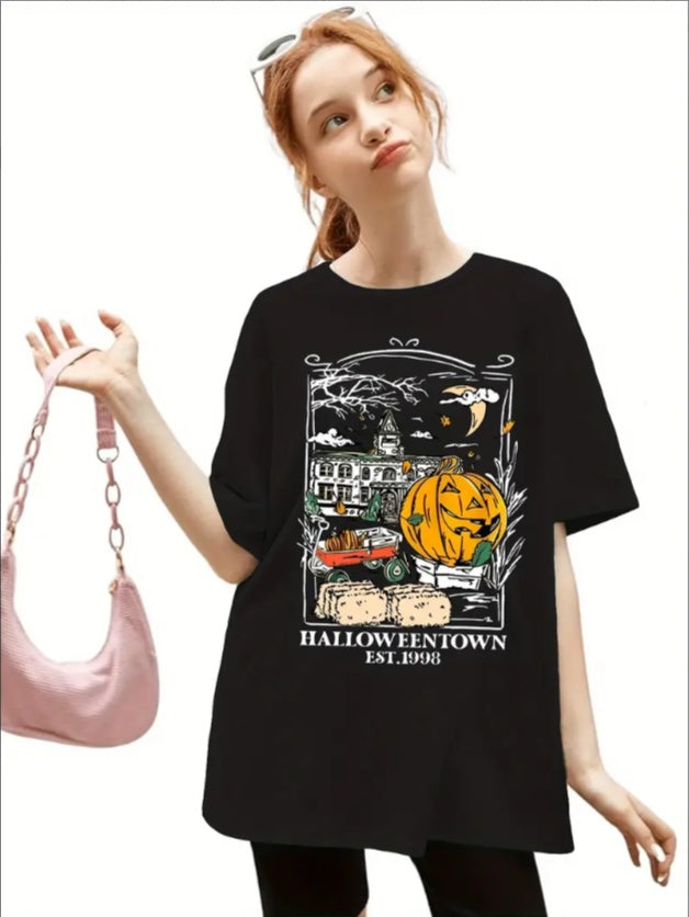 Girls' Halloween Pumpkin & Cottage Print T-Shirt - Comfy  Round Neck, Short Sleeve Active Tee For Summer