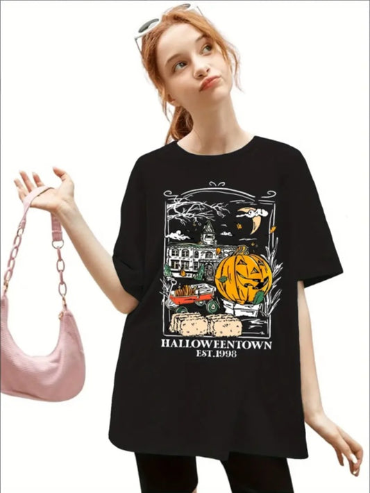 Girls' Halloween Pumpkin & Cottage Print T-Shirt - Comfy  Round Neck, Short Sleeve Active Tee For Summer