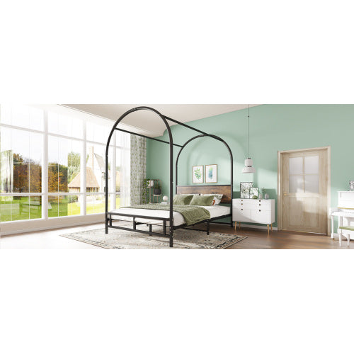 UK Local Metal Bed, 4ft6 Double Bed 135x190cm, Durable And Sturdy, Canopy Twin Bed, Iron Bed For Adults  Teenagers, Black Wood Color Bed Frame Only Drape Not Included