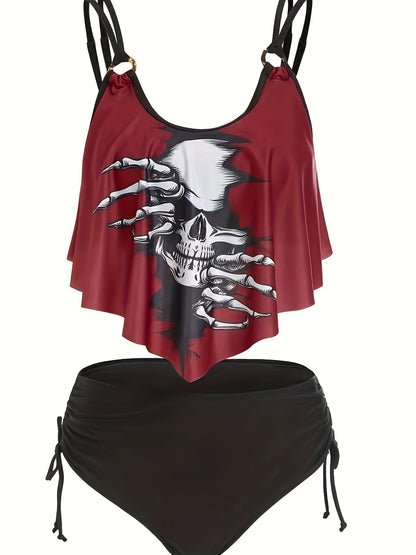 Women's Fashionable And Sexy Tankini Set, With Ruffled Edges And Halloween Skull Print, Two-piece Swimsuit, Vacation Style.