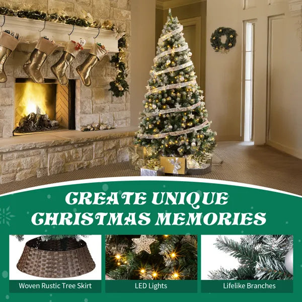 US Local 7.5 FT Artificial Snow Tipped Christmas Tree With DIY 350 Warm Lights Remote Control, Hinged Xmas Pine Tree With Silver Ribbon Ornaments For Holiday Party Office Home, Green & Snow Tipped