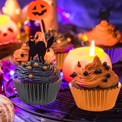 US Local 300 Pcs Halloween Foil Cupcake Liners Black Purple Orange Foil Metallic Cupcake Wrappers Halloween Party Standard For Halloween Party Birthday