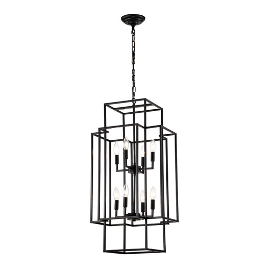 US Local 8-Light Metal Lantern Tiered Pendant Hanging Light Fixtures, Industrial Farmhouse Adjustable Height Chandeliers For Dining Room Hallway Foyer Entryway--Matte Black E12 Bulbs Not Included