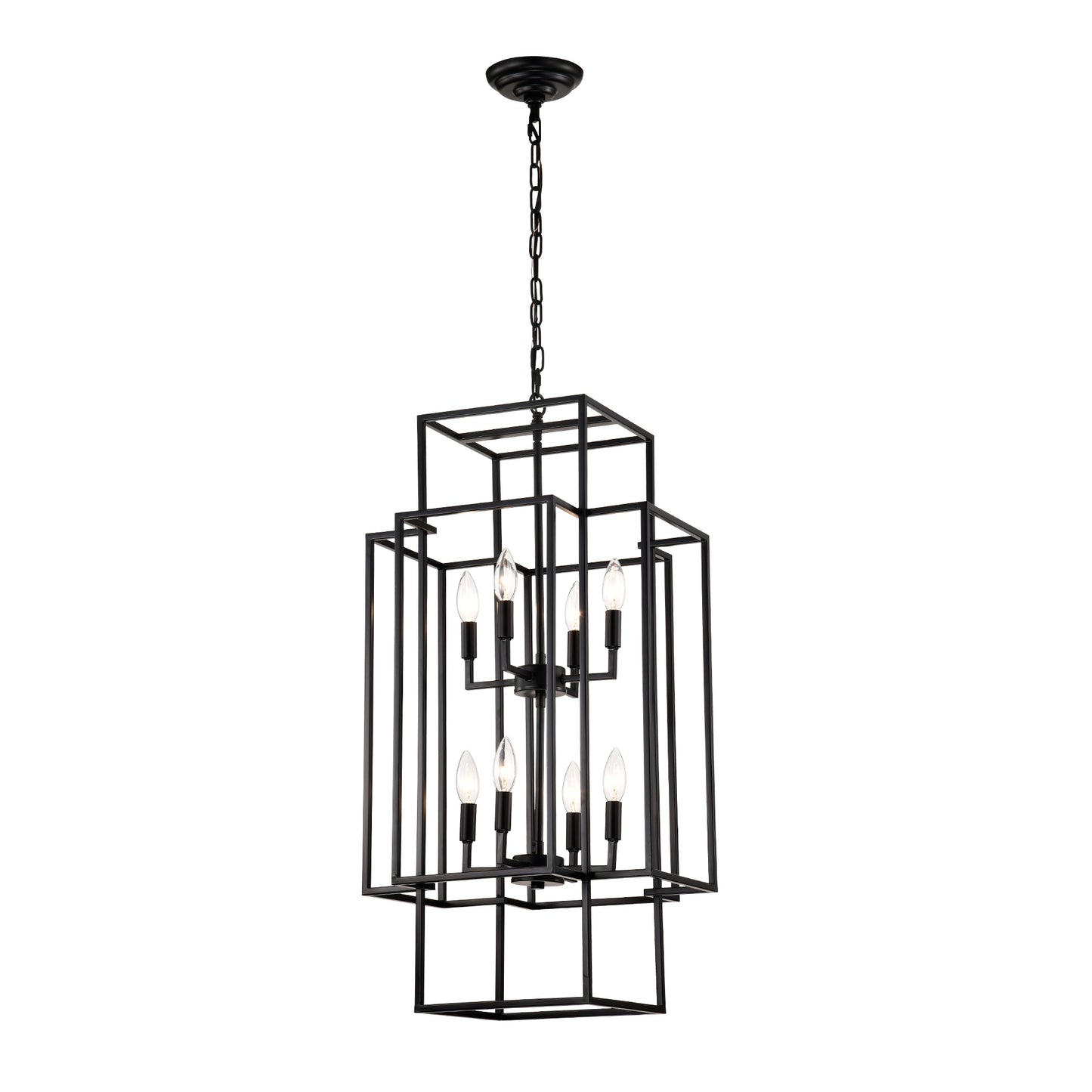 US Local 8-Light Metal Lantern Tiered Pendant Hanging Light Fixtures, Industrial Farmhouse Adjustable Height Chandeliers For Dining Room Hallway Foyer Entryway--Matte Black E12 Bulbs Not Included