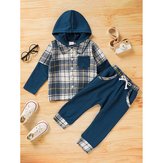 US Local Toddler Baby Boy Clothes Plaid Long Sleeve Hoodie Sweatshirt & Pants 2pcs Boys Outfit Set