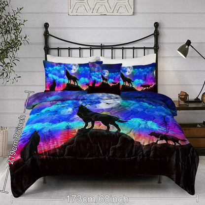 US Local Galaxy Comforter Set Men 3D Wolf Bed Comforter Set 4 Piece Wolves Howling Bedding For Boys Retro Oil Painting Design Purple Blue And Black Bedding Set Queen King Size