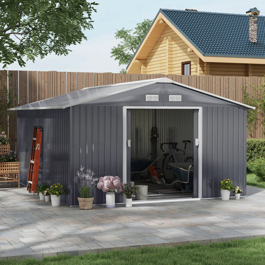 12.6' X 11' Metal Storage Shed, Garden Tool House With Double Sliding Doors, 4 Air Vents For Backyard, Patio & Lawn, Dark Gray