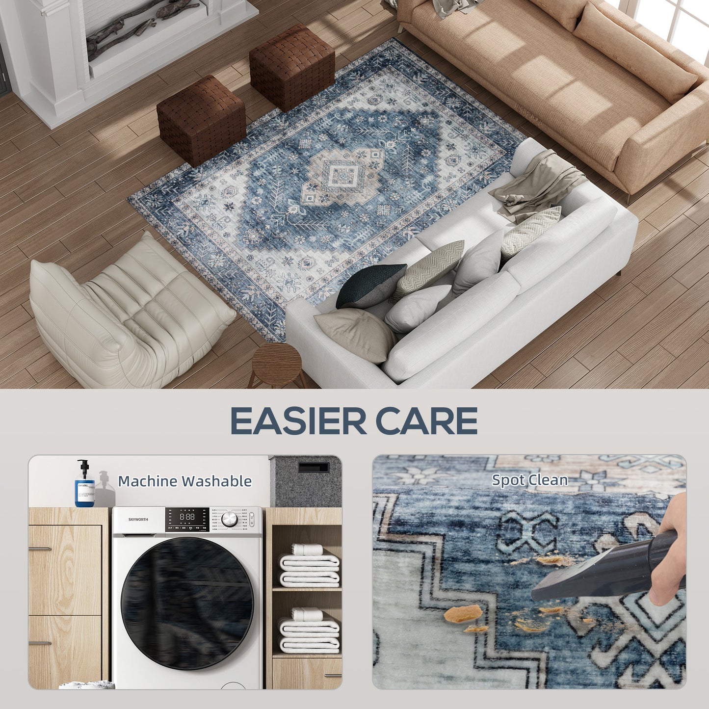 US Local 4x6 Area Rug, Vintage Washable Rug, Non-Slip Floor Carpet For Living Room, Bedroom, Dining Room, Blue