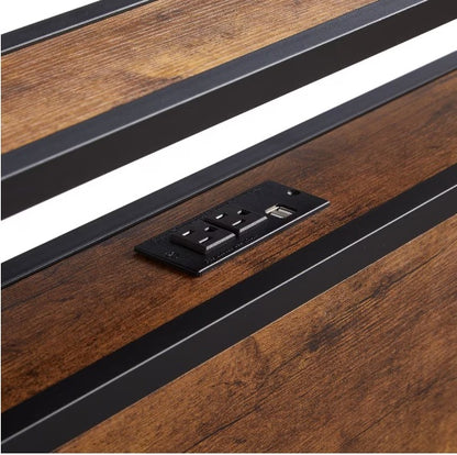 US Local King Size Metal Platform Bed Frame With Wooden Headboard And Footboard With USB LINER