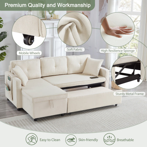 UK Local L-Shaped Pull Out Sleep Sofabed, Modern Reversible Sleeper Sectional Sofa, 3 In 1 Convertible Sofa Bed With Storage Chaise, Drop-Down Table, Cup Holders And Charging Ports