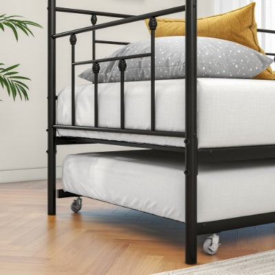 US Local Twin Size Daybed Metal Frame With Trundle Set, Twin Day Bed Sofa, Daybed And Roll Sofa Bed For Guest Room, Bedroom, Living Room, Victorian Style, Black
