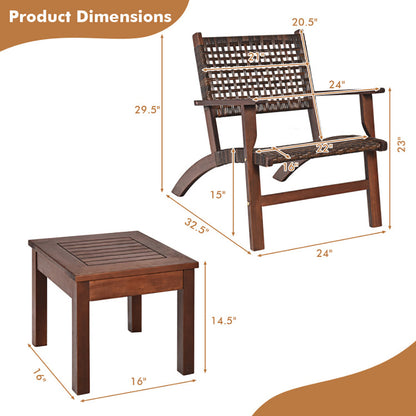 US Local 3 Pieces Outdoor Wooden Patio Rattan Furniture Set