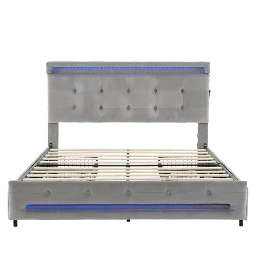 UK Local Upholstered Bed, 4ft6 Double Bed 135x190cm, Storage Bed, Soft Backrest, 4 Drawers With Pulleys, Light Strips Around The Bed, Metal Underbed Bracket, With Bed Slats, For Adults  Teenagers, Velvet,Grey