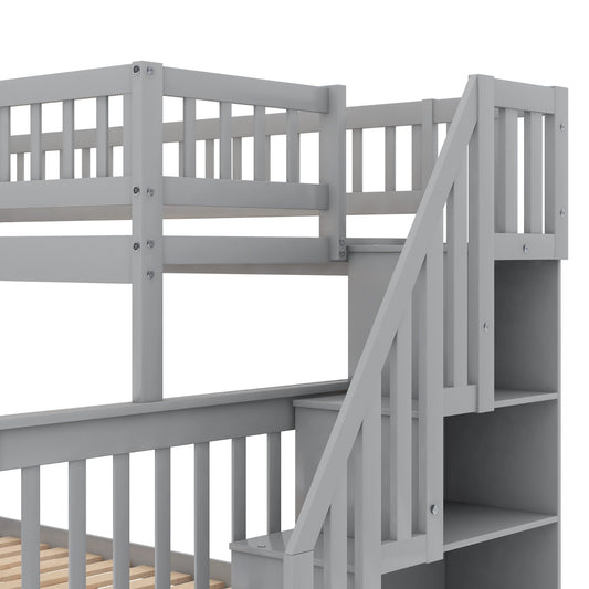 US Local Twin Over Full Bunk Bed With Trundle And Staircase,Gray