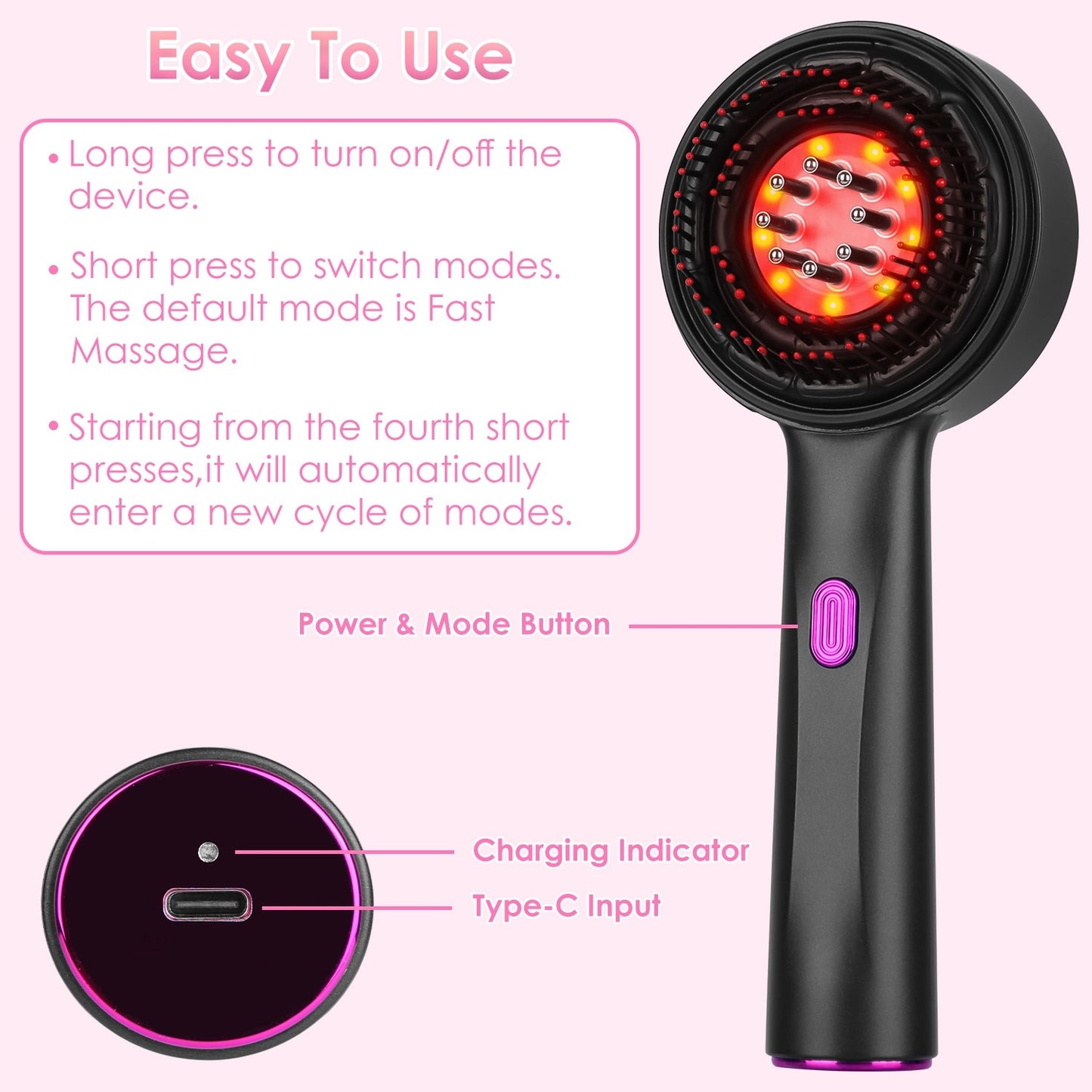 US Local 1 Set 3 In 1 Red Light Scalp Massager Brush Cordless Hair Oil Applicator Massage Comb With 3 Modes Rechargeable IPX7 Waterproof