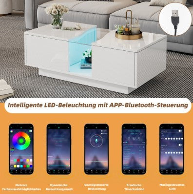 UK Local Led Coffee Table With 2 Drawer Storage, High Gloss Coffee Table For Living Room Unique Shape Centre Table With 16-Color Led Lights,End Table For Home Office Furniture, White