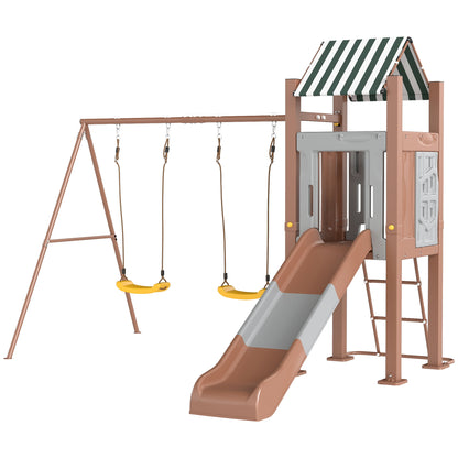US Local Kids Swing Set With 6 FT Slide, 2 Adjustable Swings, Fort With Canopy, Ladder, Ground Stakes For Ages 3-8, Brown