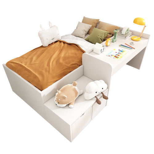 UK Local Kids Single Bed With Desk And Drawers, 90 X190 Cm, White, 3ft Kids Wooden Bed With Storage, Single Bed With Slatted Frame, Lying Surface For Teenagers & Adults