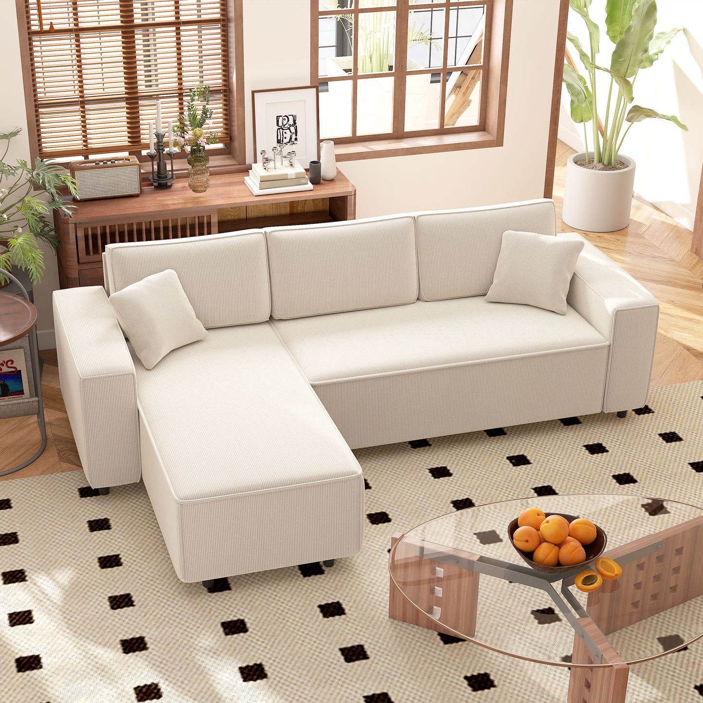 US Local Corner Sofa With Reversible Chaise Lounge, Corduroy L-Shaped Sectional Sofa With Pocket Spring, Cream White