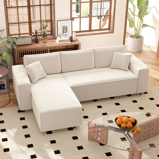 US Local Corner Sofa With Reversible Chaise Lounge, Corduroy L-Shaped Sectional Sofa With Pocket Spring, Cream White