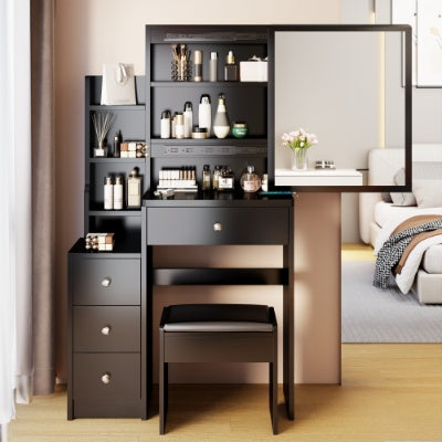 US Local 29.2 Small Space Left Bedside Cabinet Vanity Table  Cushioned Stool, Extra Large Right Sliding Mirror, Multi Layer High Capacity Storage, Practical Fashionable Dresser, Suitable For Small Space