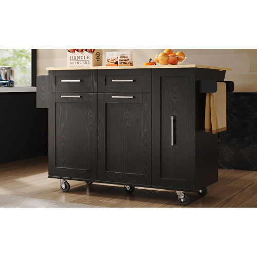 UK Local Modern Kitchen Island, Kitchen Cabinet, Buffet Cabinet, Dining Cart With Wood Grain, Dining Table With Storage Space, Dining Cart With Snack Shelves And Stretch Function Cabinets, Black