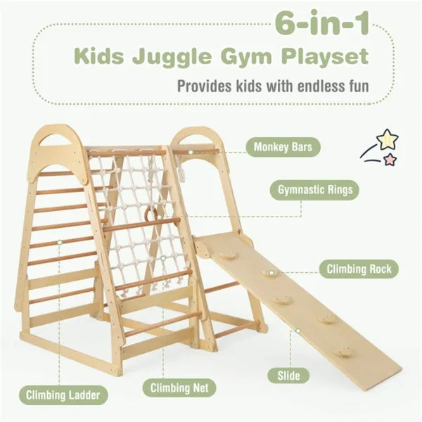 US Local 6-in-1 Wooden Kids Jungle Gym Playset