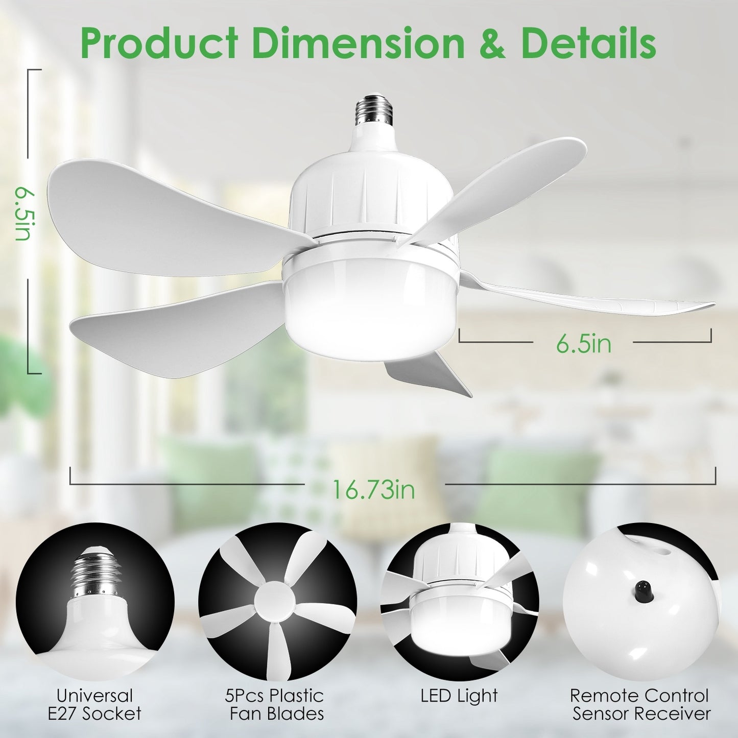 US Local 1Pc Socket Fan Light 12W Ceiling Fan With Lights Dimmable LED Ceiling Fan With 3 Fan Speed Stepless Brightness And Color Temperature Smart Timer Remote Control