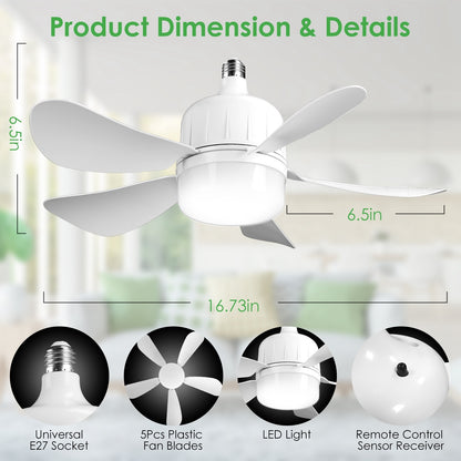 US Local 1Pc Socket Fan Light 12W Ceiling Fan With Lights Dimmable LED Ceiling Fan With 3 Fan Speed Stepless Brightness And Color Temperature Smart Timer Remote Control