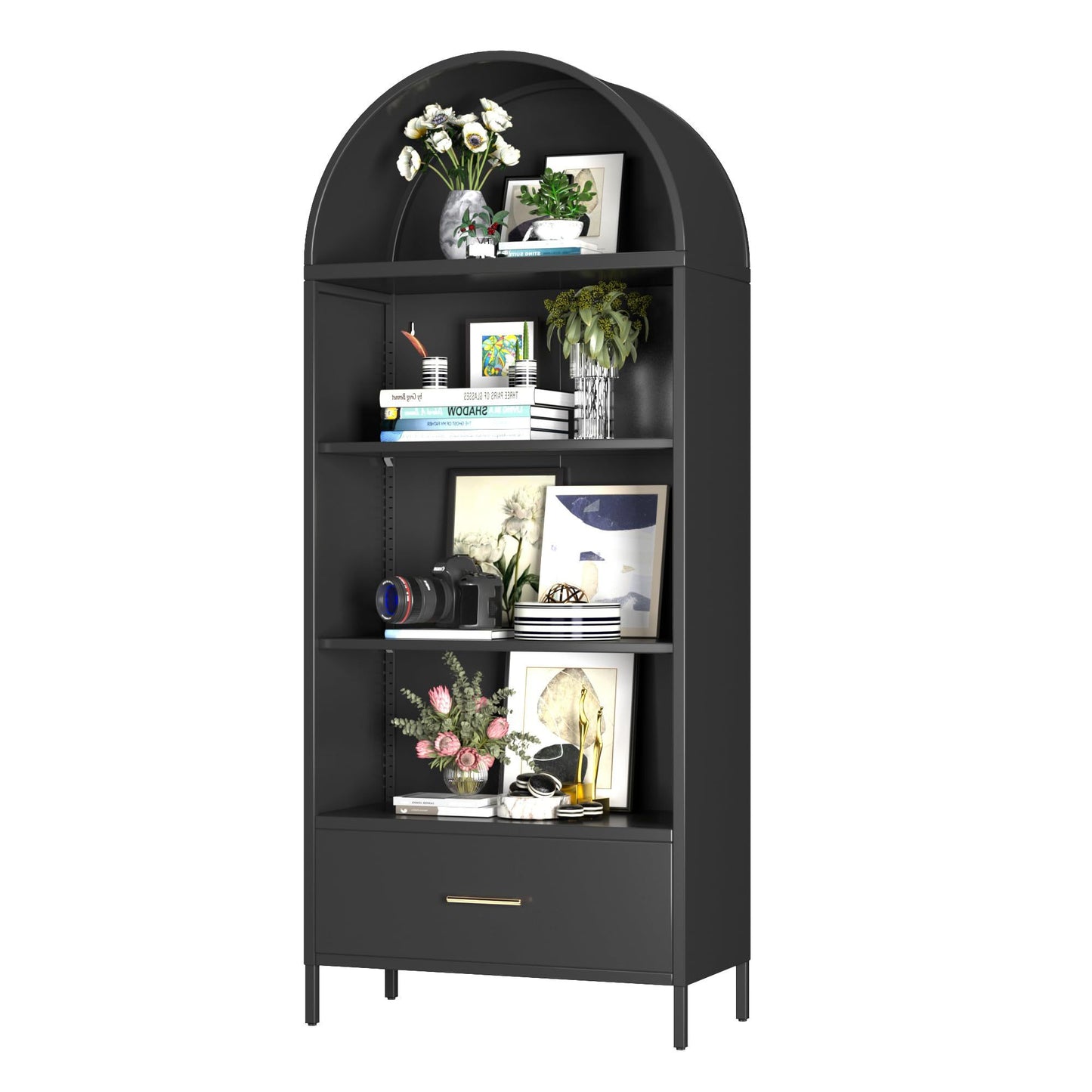 US Local Metal Arched Bookshelf, Accent Arch Kitchen Pantry Cabinet With Drawer For Home Office Bar Living Room Farmhouse ,Black
