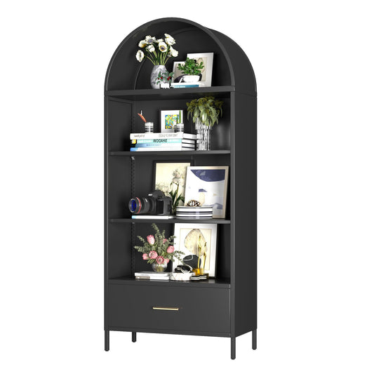 US Local Metal Arched Bookshelf, Accent Arch Kitchen Pantry Cabinet With Drawer For Home Office Bar Living Room Farmhouse ,Black