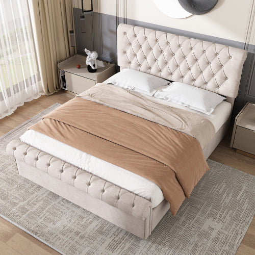 UK Local Upholstered Bed 5ft,150x200, 5ft King Bed, Luxurious Velvet Button-Tufted Sleigh Bed Storage, Functional Bed With Slatted Frame And Storage, Beige
