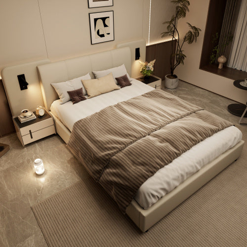 UK Local Upholstered Bed, With Charging Port And Lighting, 4ft6 Double Bed 135x190cm, Soft Sponge Headboard Backrest, Anti-collision Sponge Filling, PU  Plywood,