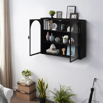 US Local Modern Two-door Wall Cabinet With Glass Door With Characteristic Woven Pattern, Black