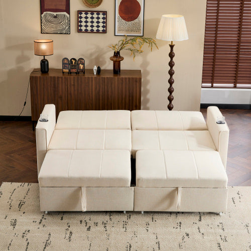 UK Local 207cm King Size Independent Pull Out Sofa Bed, Convertible Fabric Sofa Chair With Cup Holders, Side Pockets, Fabric Loveseat Couch Chaise Lounge For Living Room, Apartment