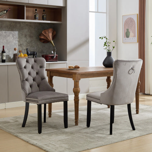 UK Local Modern Set Of 2 Upholstered Velvet Dining Chairs, Button Tufted Kitchen Lounge Chairs With Brushed Wood Legs, Riveted Trim And Knocker Ring, For Dining Room Living Room