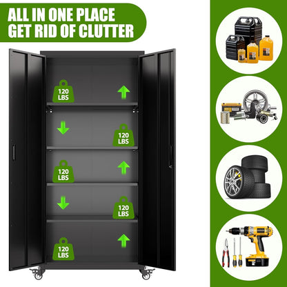 US Local Garage Storage Cabinet With Optional Wheels, Metal Lockable File Cabinet With 2 Doors And 4 Adjustable Shelves,Tool Storage,Home Office Garage,Gym,School Black