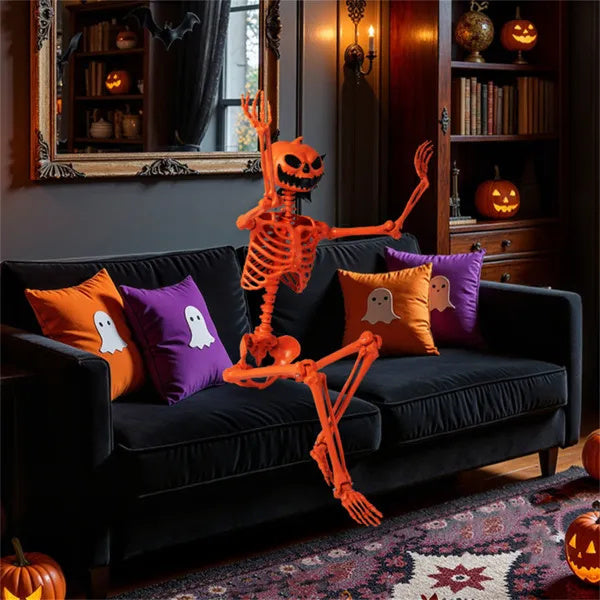5.5ft Life-Size Halloween Skeleton With Pumpkin Head - Orange Color, Fully Poseable Joints Jaw Shoulders Knees , PP PE Material