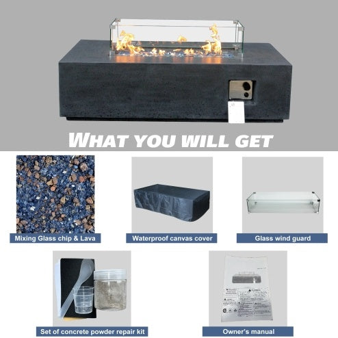 US Local 52 Inch Outdoor Concrete Propane Gas Rectangle Fire Pit Table In Dark Gray Color