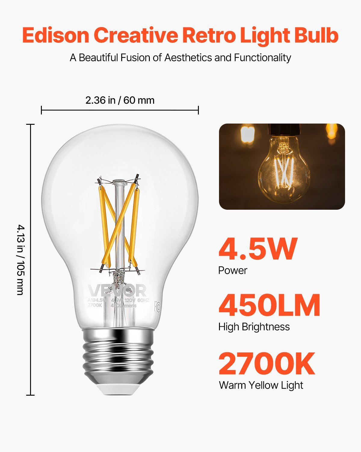 US Local 6 Pack Edison Bulbs LED A19 4.5W Dimmable 450 Lumens 2700K E26 Antique,Dimmable LED Bulbs